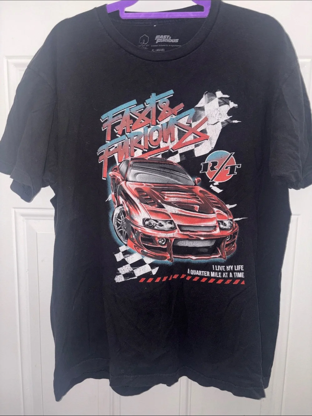 Fast & Furious Men’s Black Short Sleeve Graphic Tee with Red Racing Car